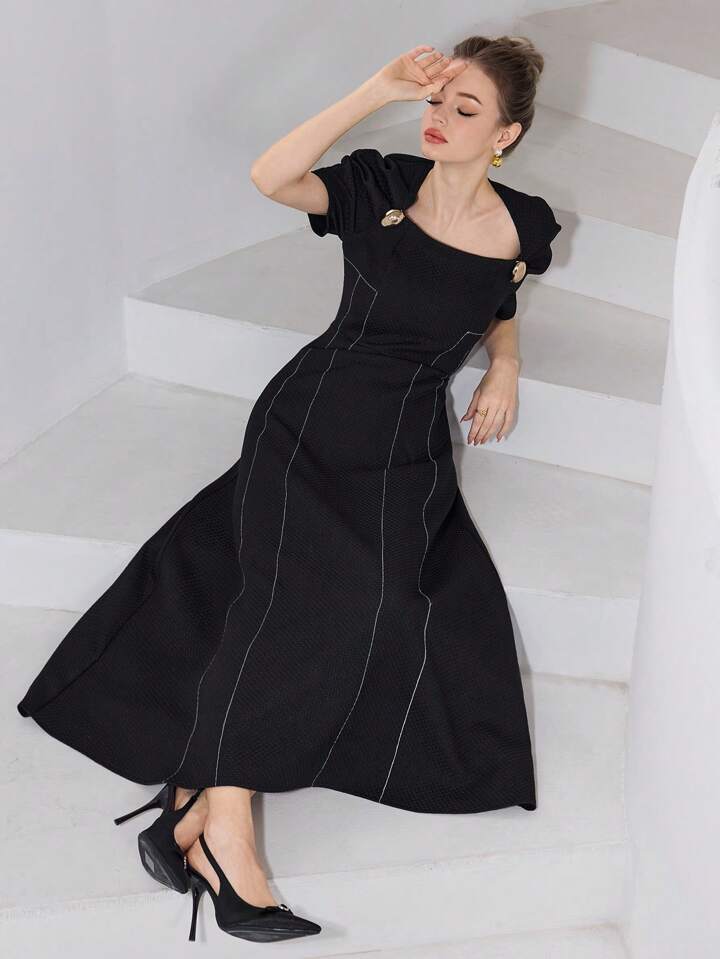 CM-DS920740 Women Casual Seoul Style Square Neck Puff Sleeve High Waist Long Dress - Black