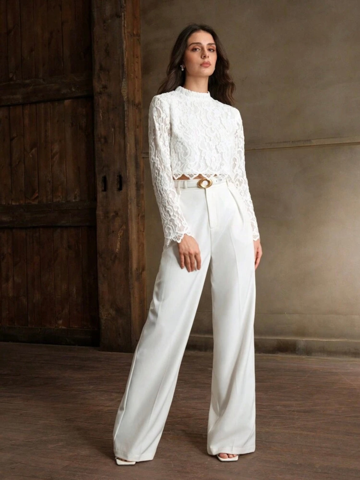 CM-TS170821 Women Elegant Seoul Style Lace Stand Collar Long Sleeve High Waist Chic Top - White