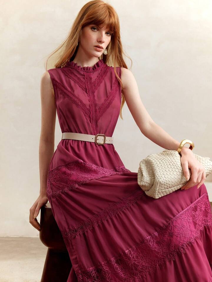 CM-DS601449 Women Trendy Bohemian Style Solid Color Patchwork Stand Collar Sleeveless Dress - Red Violet