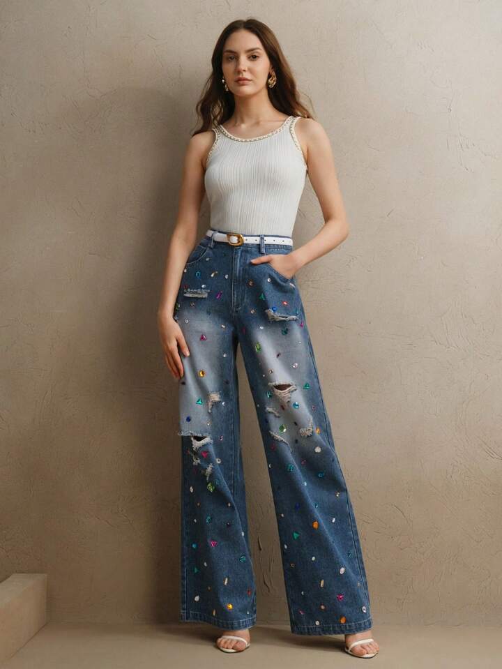 CM-BS244960 Women Elegant Seoul Style Dark Wash Distressed Colored Rhinestone Embellished Jeans