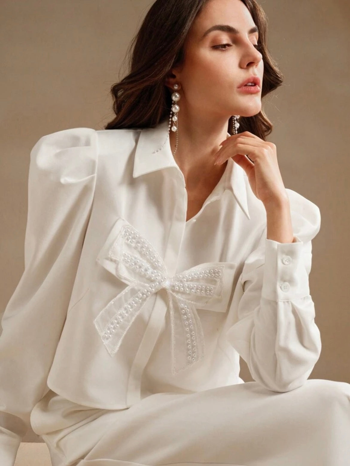 CM-TS706634 Women Elegant Seoul Style Collar Neckline Butterfly Pearl Floral Long Sleeve Blouse - White