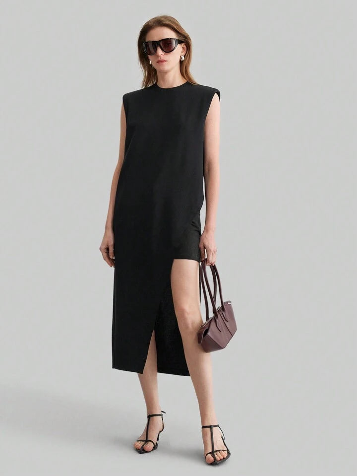 CM-TS650838 Women Casual Seoul Style Round Neck Wide Shoulder Sleeveless Asymmetric Hem Mid-Length Top - Black