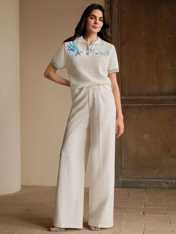 CM-TS954610 Women Casual Seoul Style Starfish Embroidery Seashell Polo Neckline Short Sleeve Knit Top