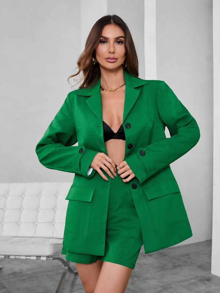 CM-SS420767 Women Elegant Seoul Style Lapel Neckline Long Sleeve Blazer With Shorts Suit - Green