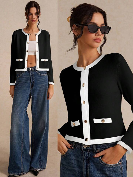 CM-CS834494 Women Casual Seoul Style Color Block Long Sleeve Trim Metal Button Front Knit Cardigan