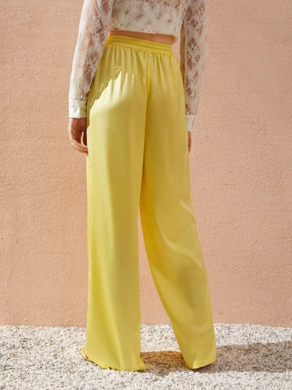 CM-BS349899 Women Trendy Bohemian Style Drawstring Waist Slant Pocket Satin Pants - Yellow