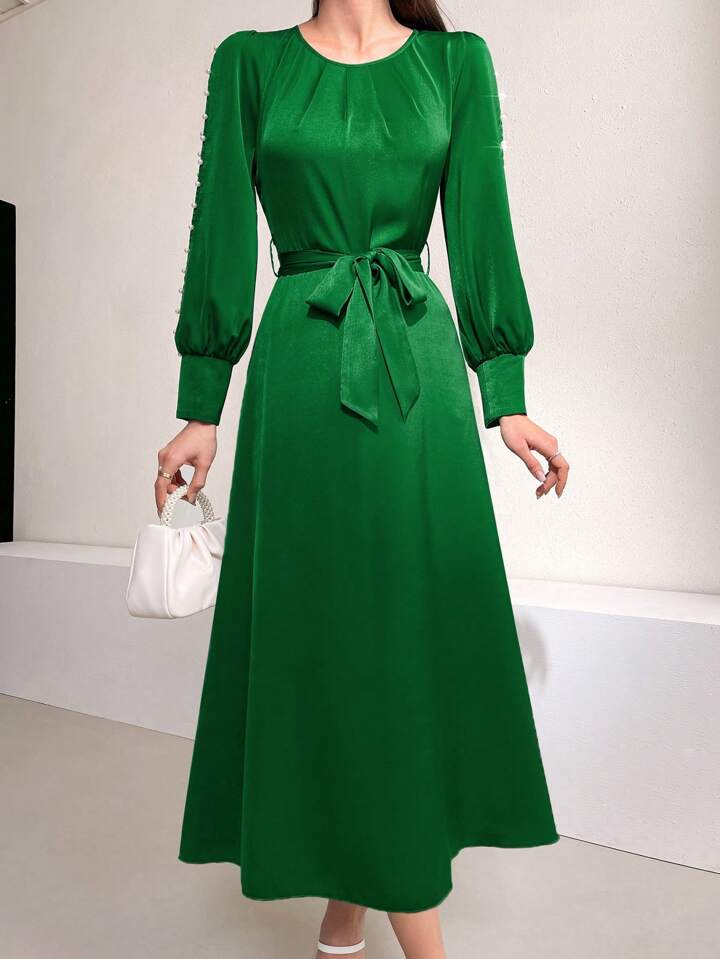CM-DS988088 Women Elegant Seoul Style Round Neck Pearl Studs Hollow Out Dress - Green