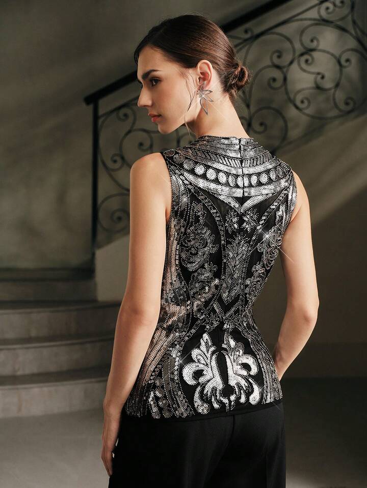 CM-TS151636 Women Elegant Seoul Style Stand Collar Sleeveless Slim Fit Beaded Vest Top - Black