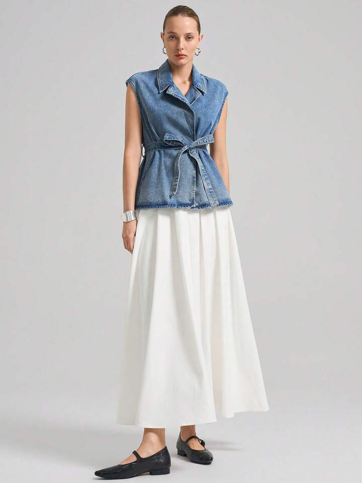 CM-TS292467 Women Casual Seoul Style Dark Wash Waterfall Neckline Sleeveless Denim Vest With Removable Belt