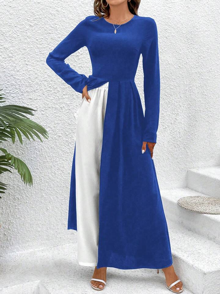 CM-SS007337 Women Casual Seoul Style Round Neck Slit Pleated Long Top With Straight Pants - Royal Blue