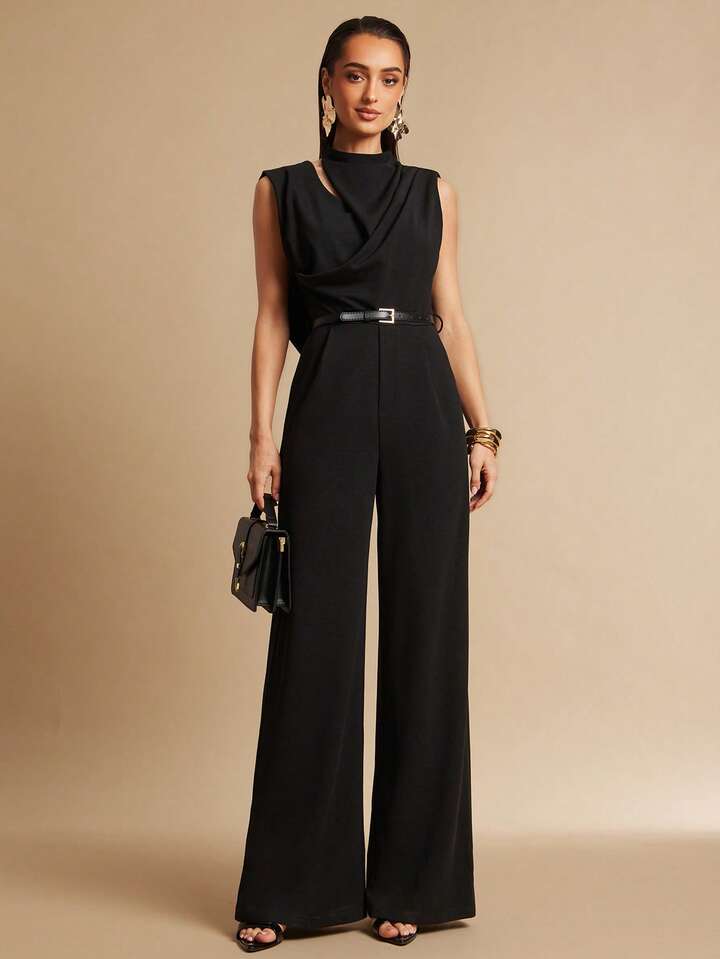 CM-JS394622 Women Elegant Seoul Style Stand Collar Sleeveless Pleated Backless Jumpsuit - Black