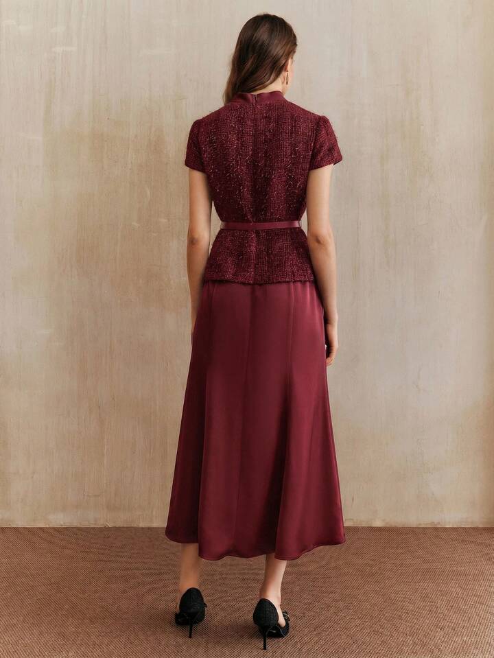 CM-DS749564 Women Elegant Seoul Style Stand Collar Short Sleeve Tweed Satin Patchwork Dress - Burgundy