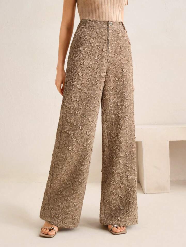 CM-BS456261 Women Elegant Seoul Style Minimalist Textured Wide Leg Pants - Khaki