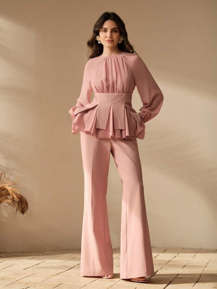 CM-SS484485 Women Elegant Seoul Style Round Neck Long Sleeve Chiffon Patchwork Blouse With Flared Leg Pants - Set