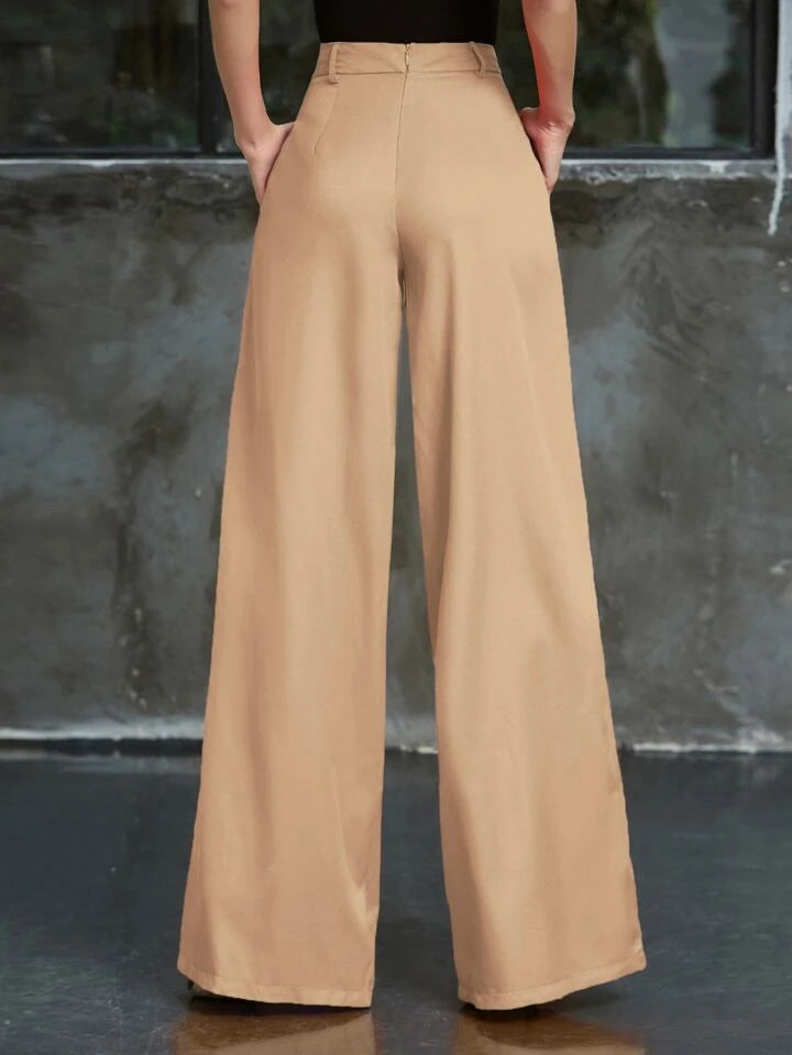 CM-BS015250 Women Elegant Seoul Style Solid Mid Waist Zip Back Wide Leg Pants - Khaki