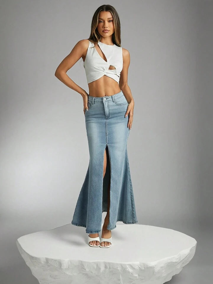 CM-BS459927 Women Casual Seoul Style Light Wash Pocket Split Hem Mermaid Denim Maxi Skirt