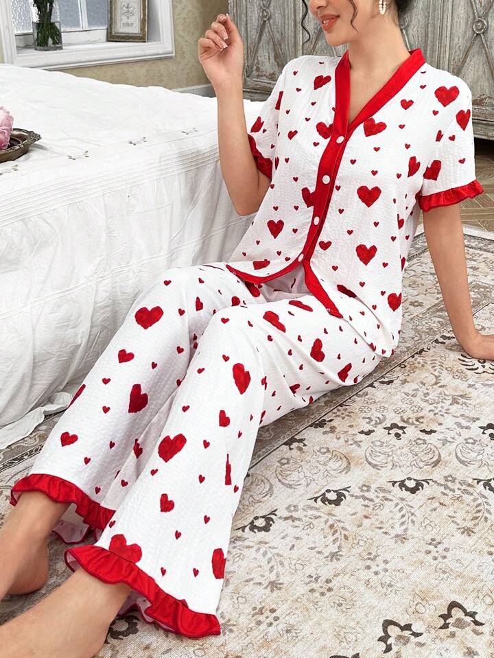 CM-LS163624 Wlomen Trendy Seoul Style Heart Print Ruffled Trim Short Sleeve Top With Long Pants Pajama Set