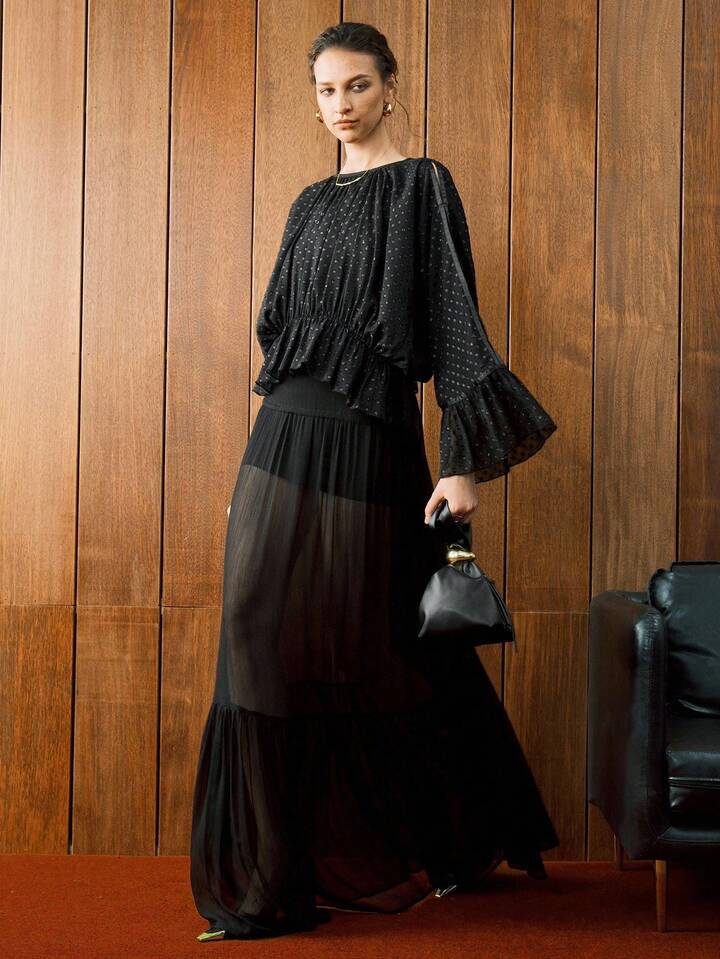 CM-TS538131 Women Elegant Seoul Style Polka Dot Chiffon Jacquard Drop Shoulder Waist Ruffle Design Hem Blouse