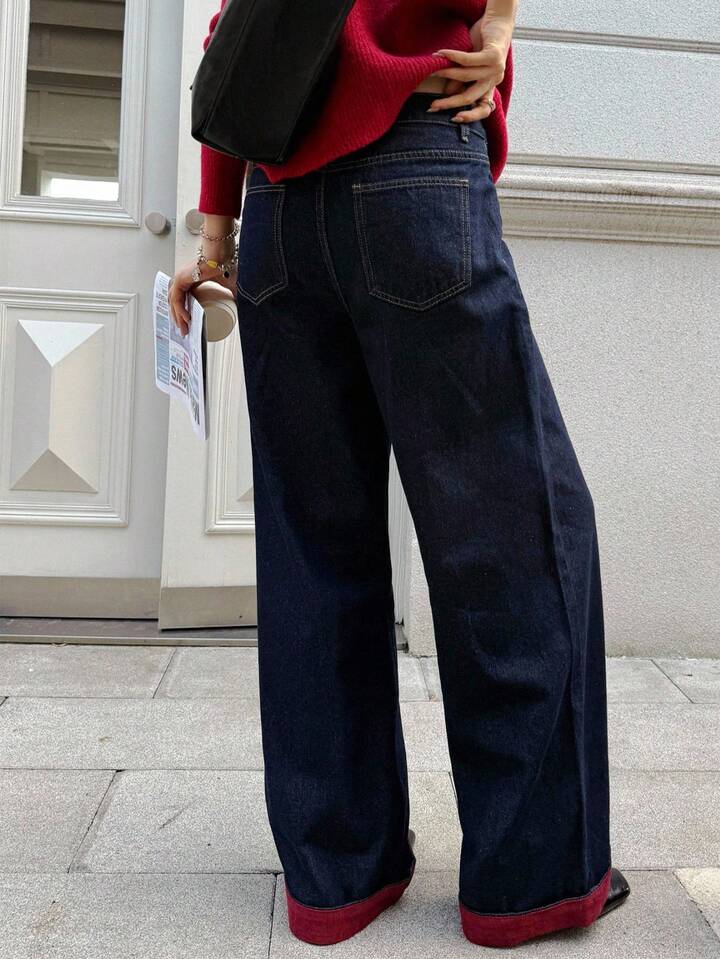 CM-BS215262 Women Casual Seoul Style Dark Wash Contrasting Edge High Waist Extra Long Wide Leg Jeans