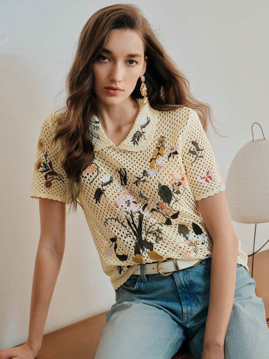 CM-TS343410 Women Casual Seoul Style Embroidered Hollow Out Collar Neckline Short Sleeve Knit Top