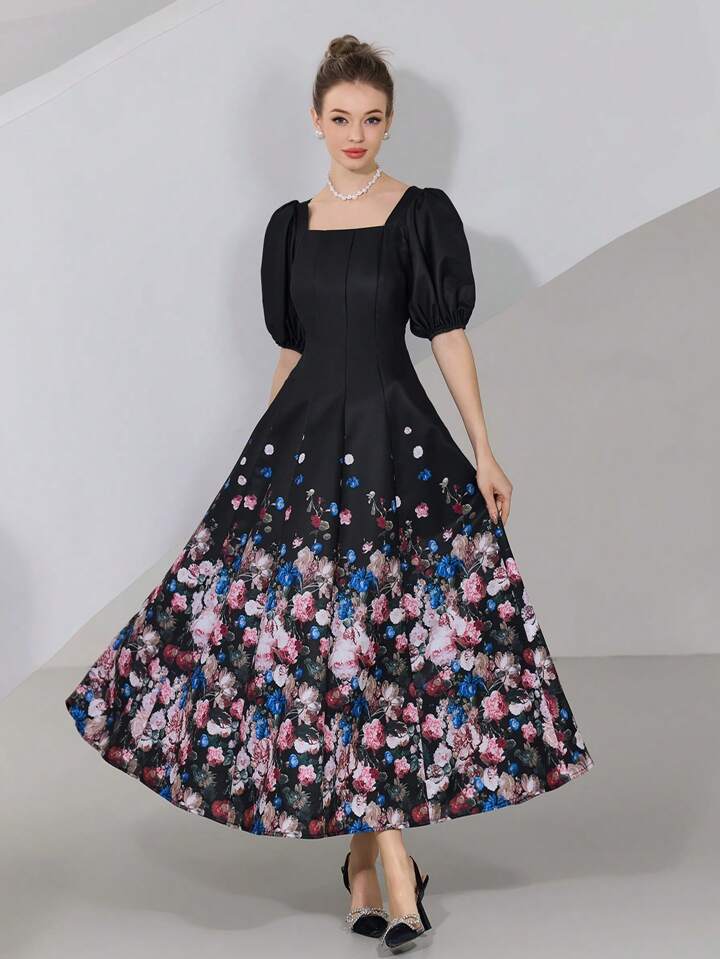 CM-DS656340 Women Elegant Seoul Style Square Neck Puff Sleeve Floral Print Midi Dress - Black