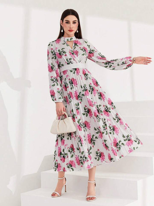 CM-DS657438 Women Elegant Seoul Style Floral Print Hollow Out Neckline A-Line Dress