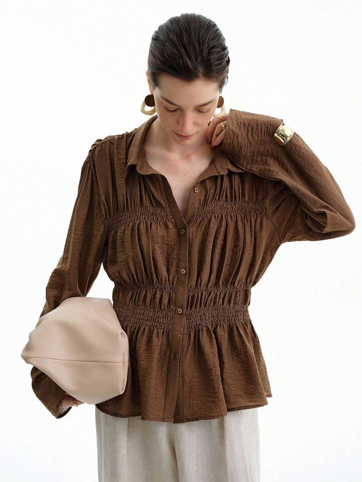 CM-TS385838 Women Elegant Seoul Style Collar Neckline Button Front Drawstring Waist Drop Shoulder Loose Blouse