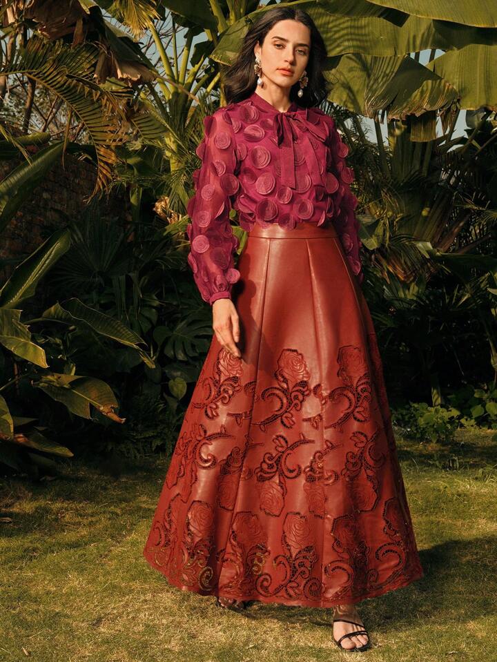 CM-TS210056 Women Elegant Seoul Style Bow 3D Circular Pleated Design Long Sleeve Blouse - Burgundy
