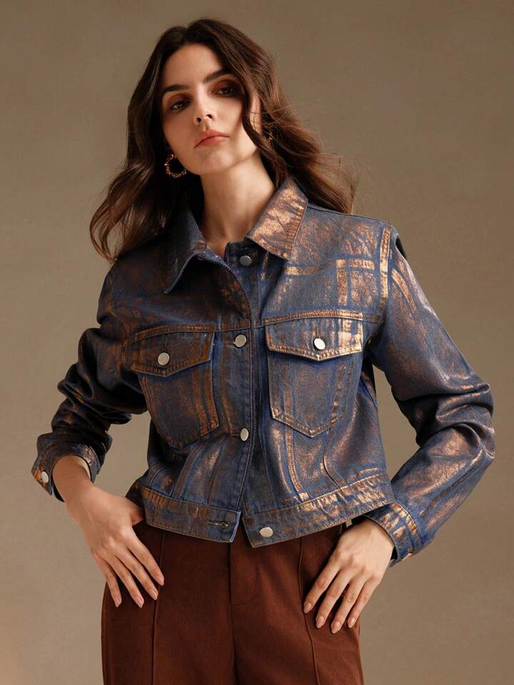 CM-CS152049 Women Casual Seoul Style Embossed Gold Foil Distressed Long Sleeve Denim Jacket