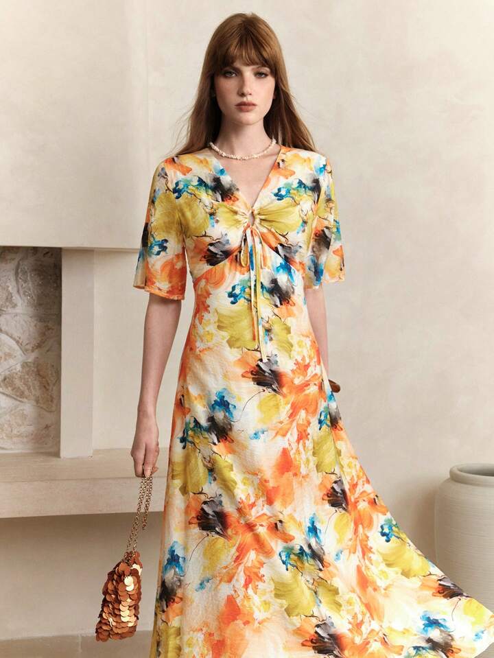 CM-DS272968 Women Casual Seoul Style Tie-Dye Deep V-Neck Flounce Sleeve Waist-Cinching Slim Dress - Yellow