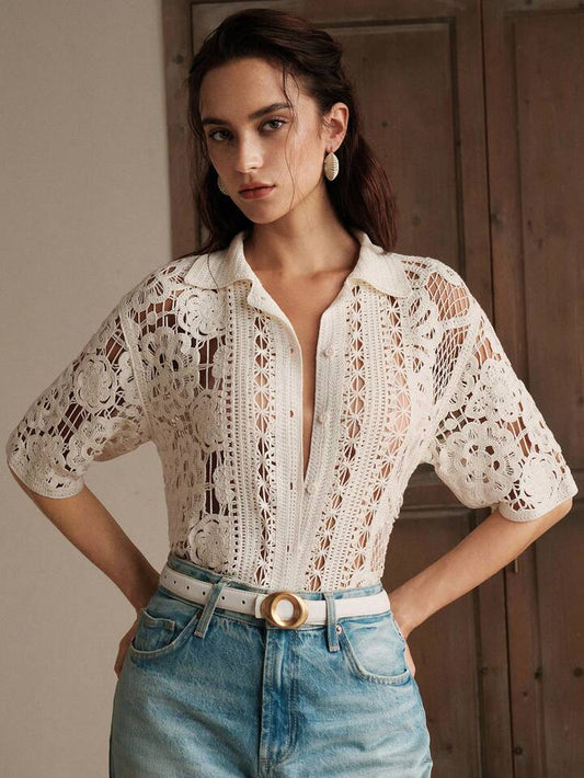 CM-TS333933 Women Casual Seoul Style Hollow Floral Asymmetric Loose Polo Collar Crochet Blouse