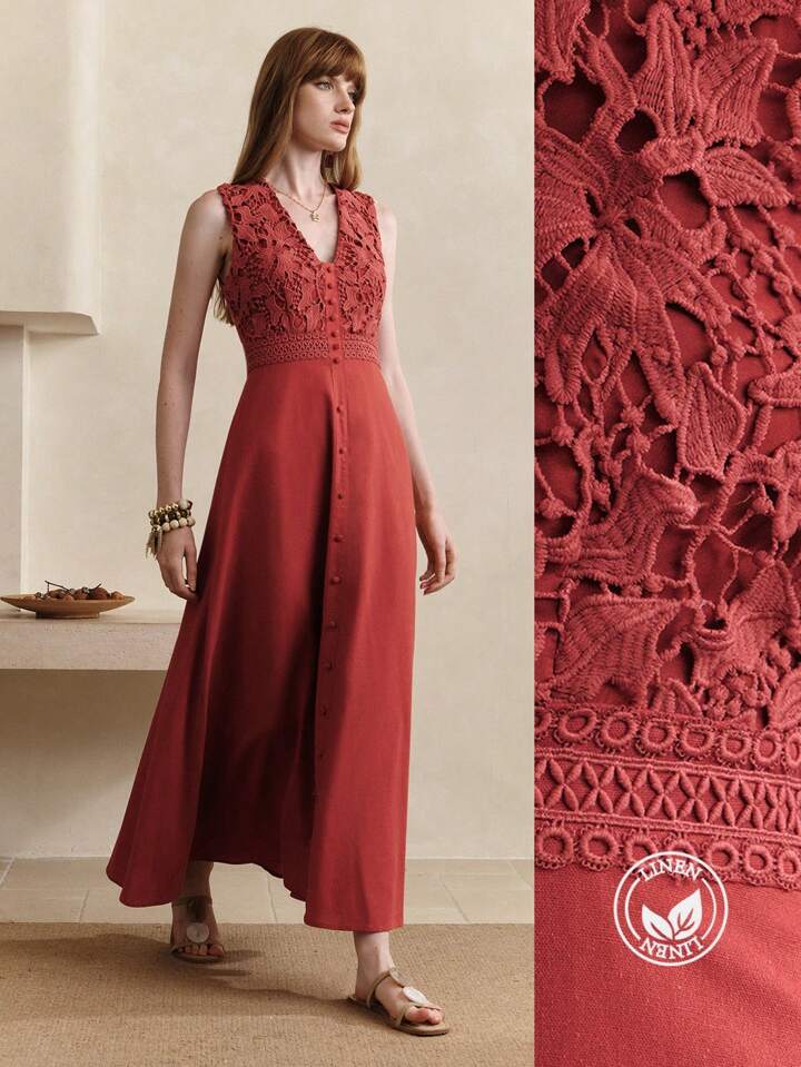 CM-DS111440 Women Trendy Bohemian Style Lace Patchwork V-Neck Sleeveless Waist-Cinched Hollow Trim Maxi Dress