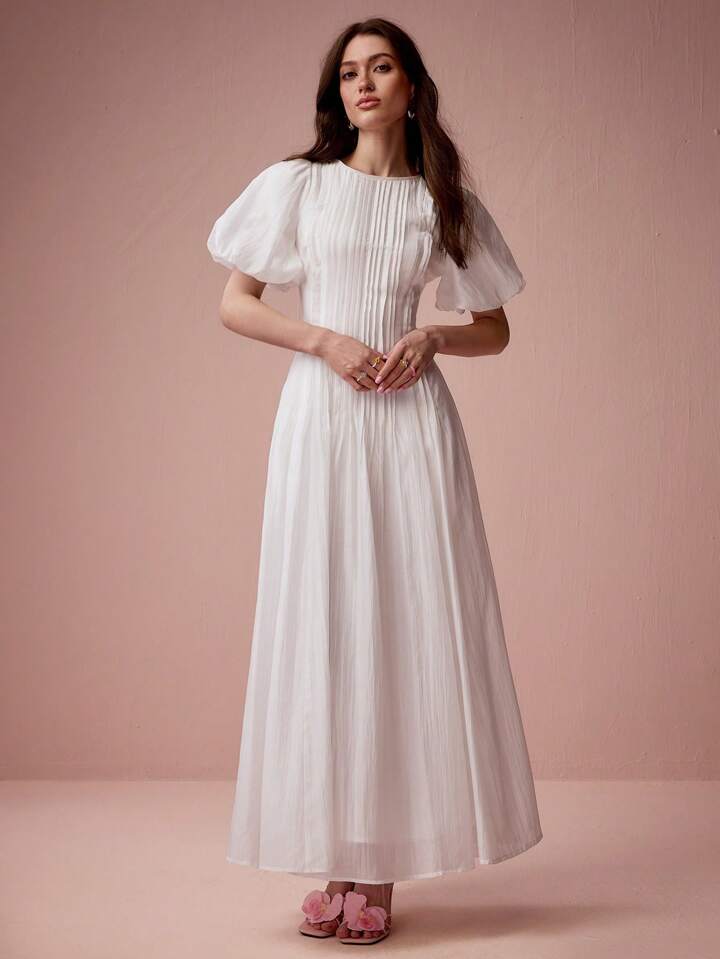 CM-DS127260 Women Elegant Seoul Style Round Neck Bubble Pleat Puff Long Sleeve Maxi Dress - White