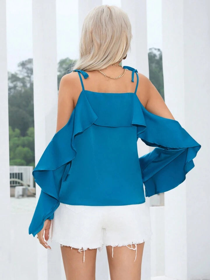 CM-TS979909 Women Style Off-Shoulder Loose Fit Long Sleeve Riffle Trim Blouse - Teal Blue