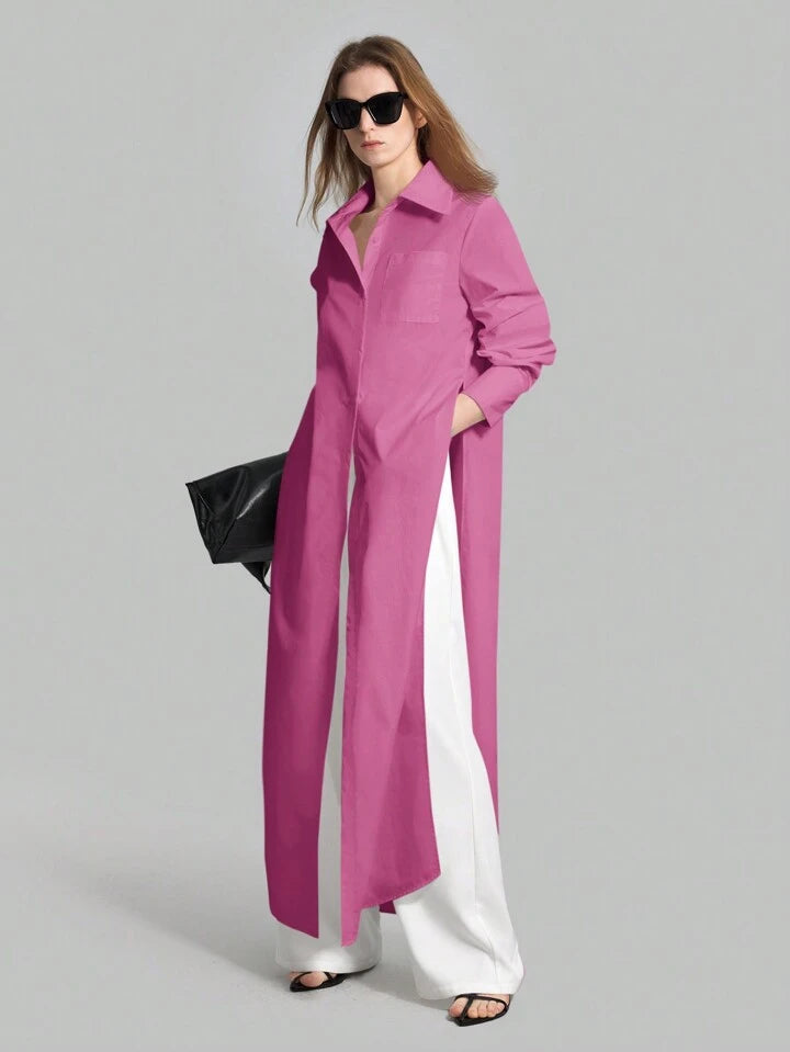 CM-TS834374 Women Casual Seoul Style Shirt Collar Long Sleeve Front Button High Slit Long Shirt - Purple