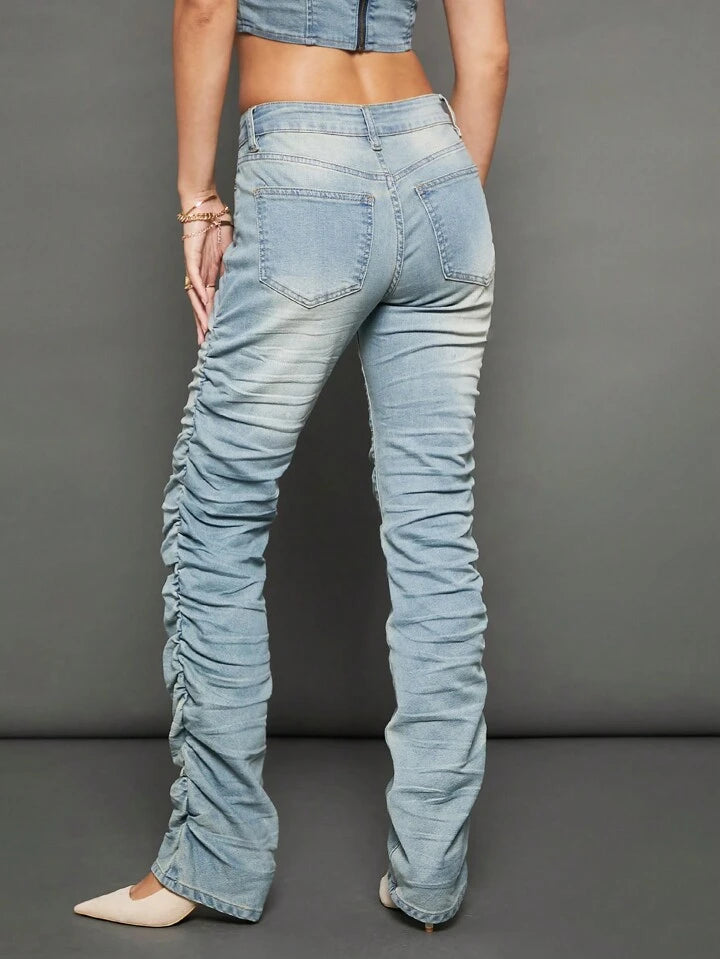 CM-BS318682 Women Casual Seoul Style Light Wash Drop Waist Stacked Straight Leg Jeans