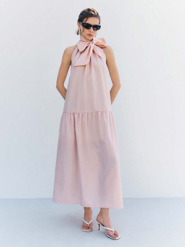 CM-DS178358 Women Casual Seoul Style Tie-Up Halter Sleeveless A-Line Pleated Hem Long Dress - Baby Pink