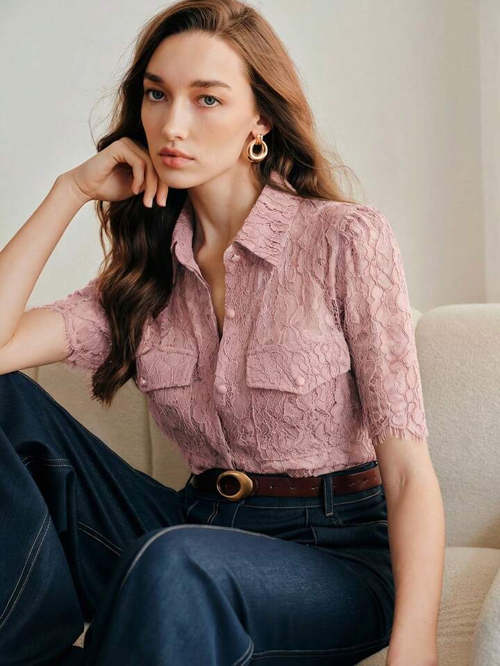 CM-TS636795 Women Elegant Seoul Style Lace Hollow Out Shirt Collar Short Sleeve Blouse - Pink