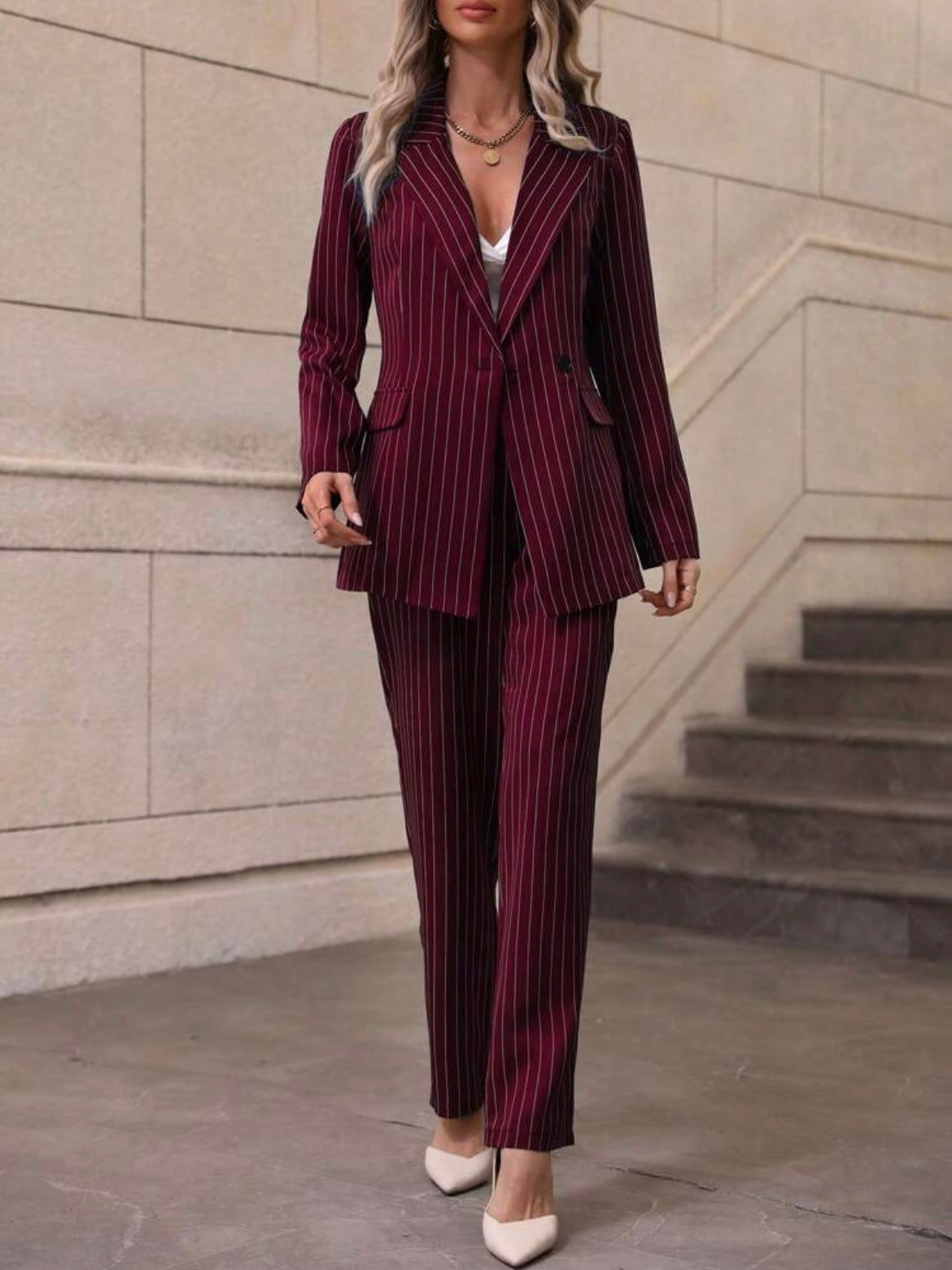 CM-SS510070 Women Elegant Seoul Style Striped Front Button Long Sleeve Blazer With Long Pants - Set