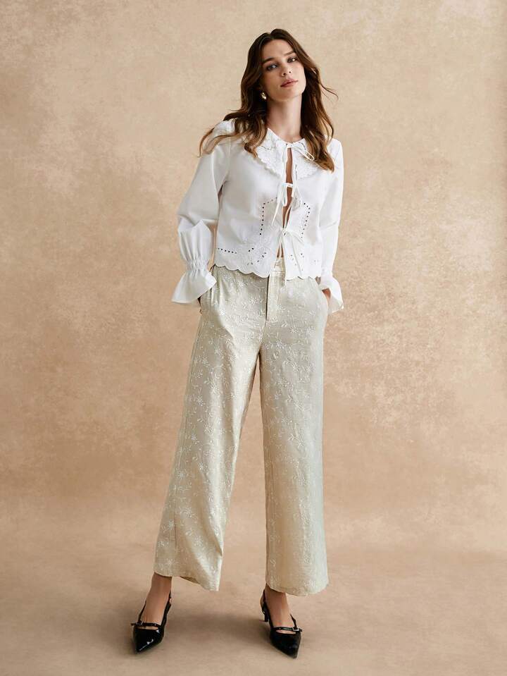 CM-BS110052 Women Casual Seoul Style Versatile Solid Color Embroidered Long Pants - Beige