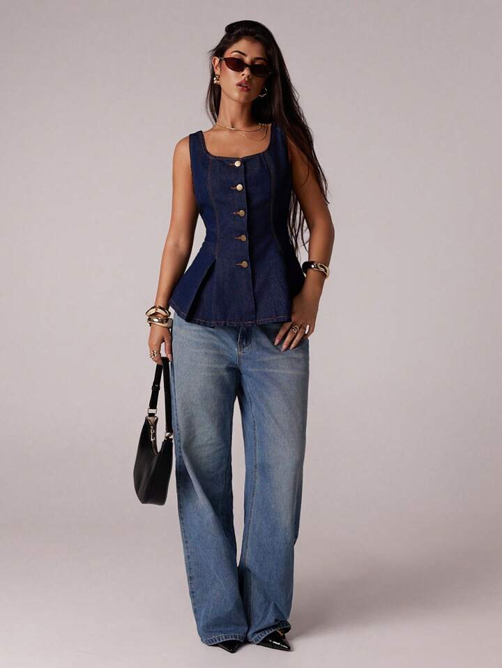 CM-TS395979 Women Elegant Seoul Style Scoop Neck Sleeveless Open Back Denim Top - Blue