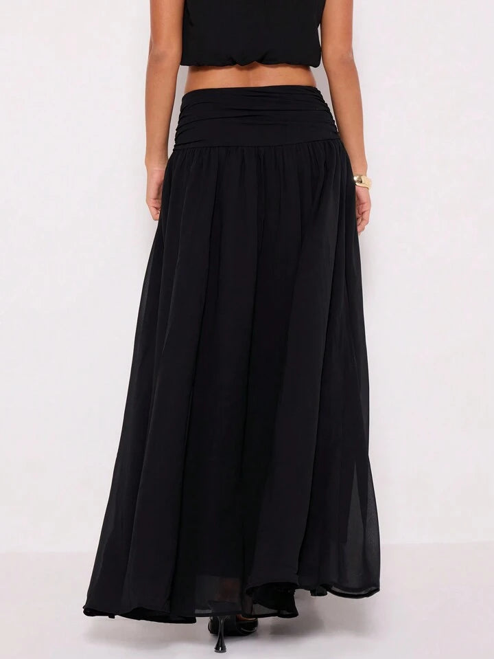 CM-BS754539 Women Trendy Bohemian Style Ruched Waist Chiffon Maxi Skirt - Black