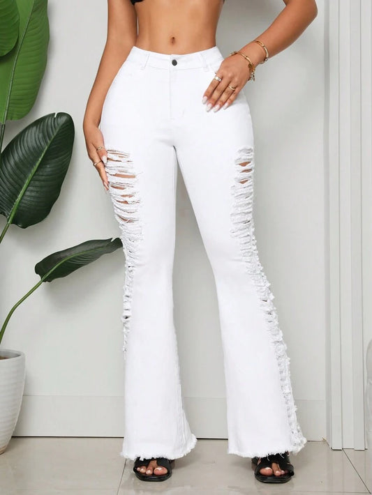 CM-BS731368 Women Casual Seoul Style Ripped Pockets Skinny Flared Leg Jeans - White