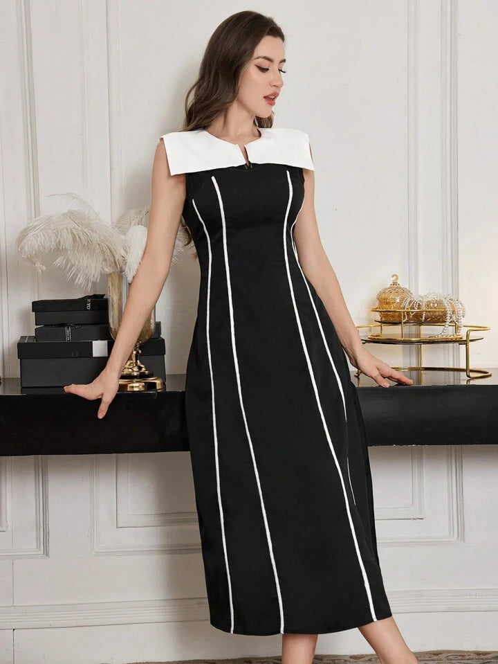 CM-DS160677 Women Elegant Seoul Style Notched Neckline Sleeveless Color Blocked A-Line Dress
