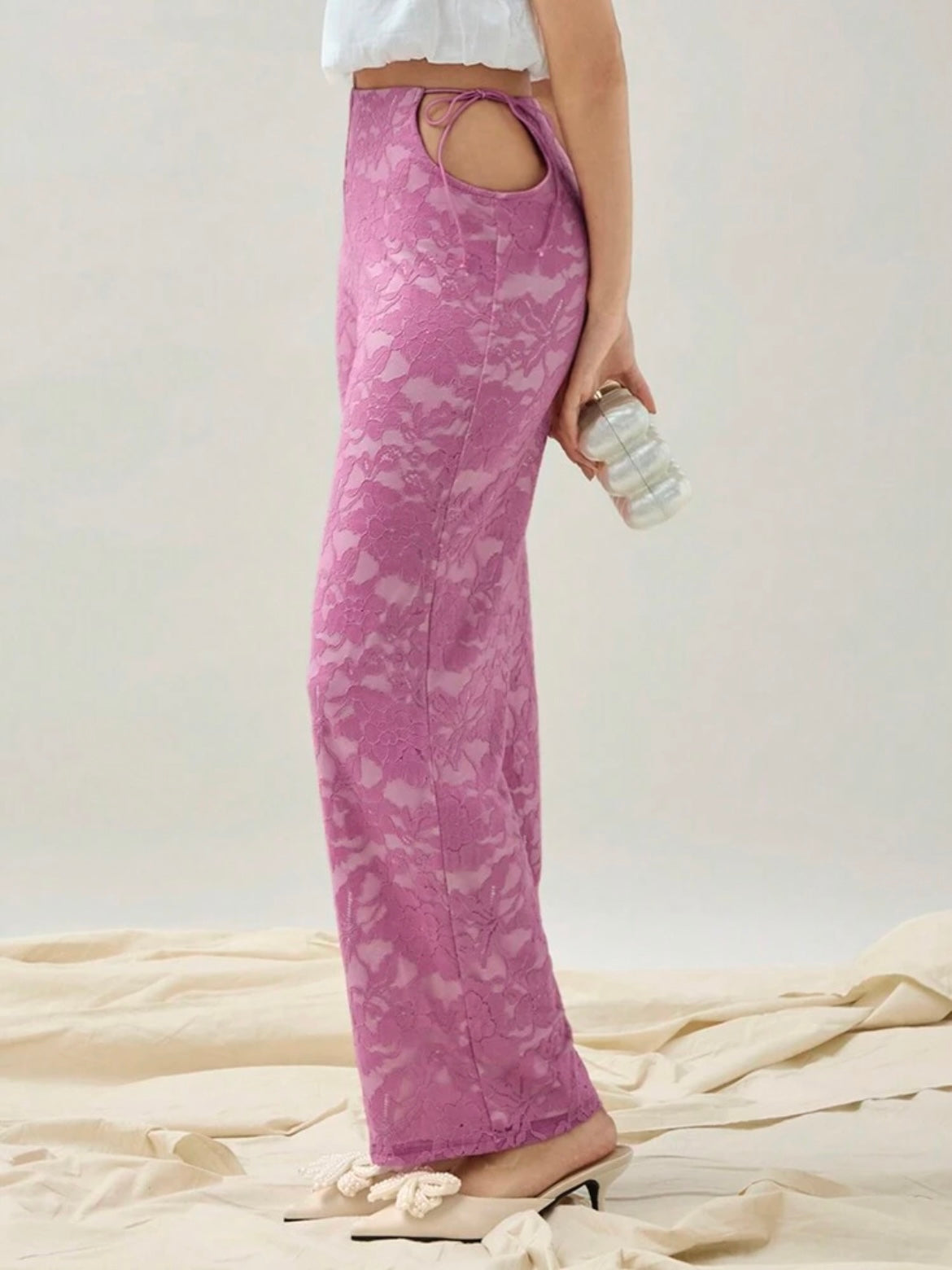 CM-BS032552 Women Elegant Seoul Style Cut Out Droop Waist Hollow Lace Straight Pants - Pink