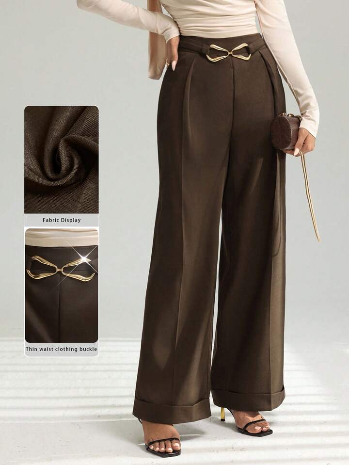 CM-BS934660 Women Casual Seoul Style Metal Buckle Waistband Rolled Hem Wide Leg Pants - Coffee Brown