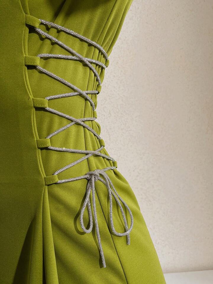 CM-DS903684 Women Casual Seoul Style Square Neck Long Sleeve Side Tie Maxi Dress - Green