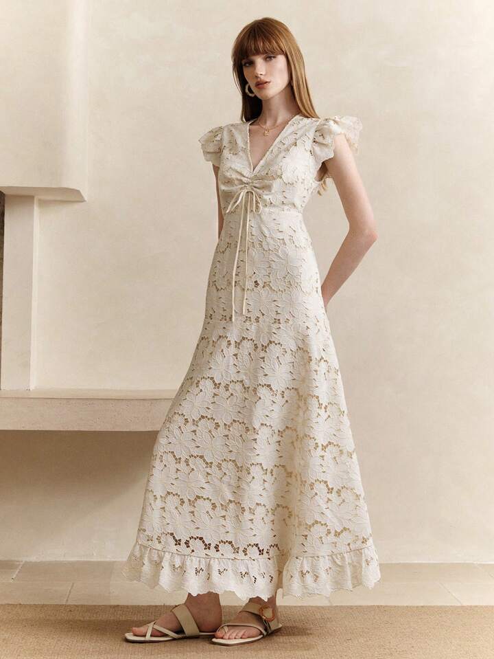 CM-DS803311 Women Elegant Seoul Style Lace Embroidered Hollow-Out V-Neck Ruched Waist Maxi Dress - Apricot