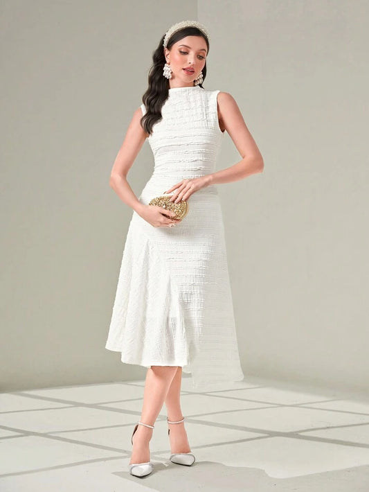 CM-DS799999 Women Elegant Seoul Style Solid Mock Neck Sleeveless A-Line Dress - White