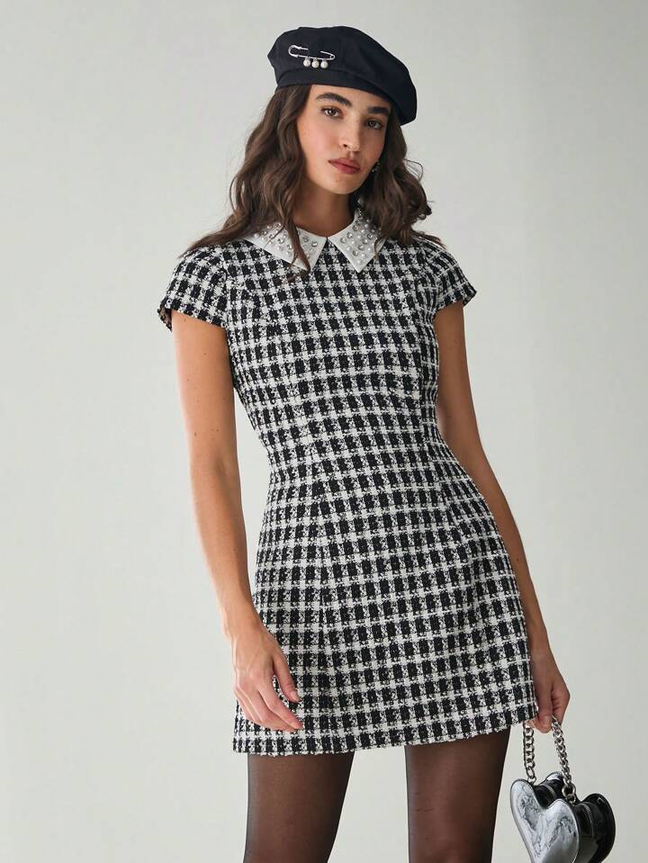 CM-DS151631 Women Elegant Seoul Style Houndstooth Contrast Collar Short Sleeve Mini Dress - Black